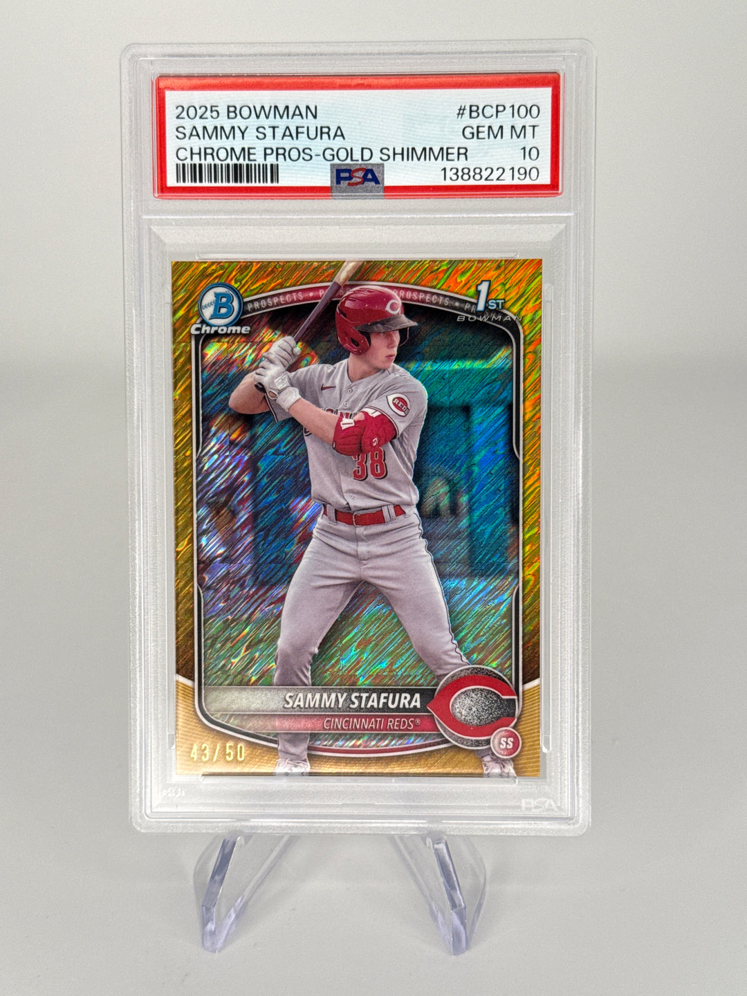 Sammy Stafura 2025 Bowman Chrome Gold Shimmer Refractor 1st, 43/50, PSA 10 Gem Mint