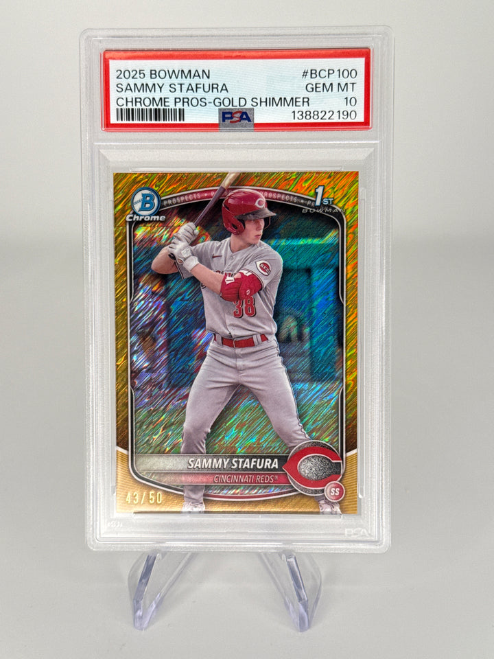 Sammy Stafura 2025 Bowman Chrome Gold Shimmer Refractor 1st, 43/50, PSA 10 Gem Mint