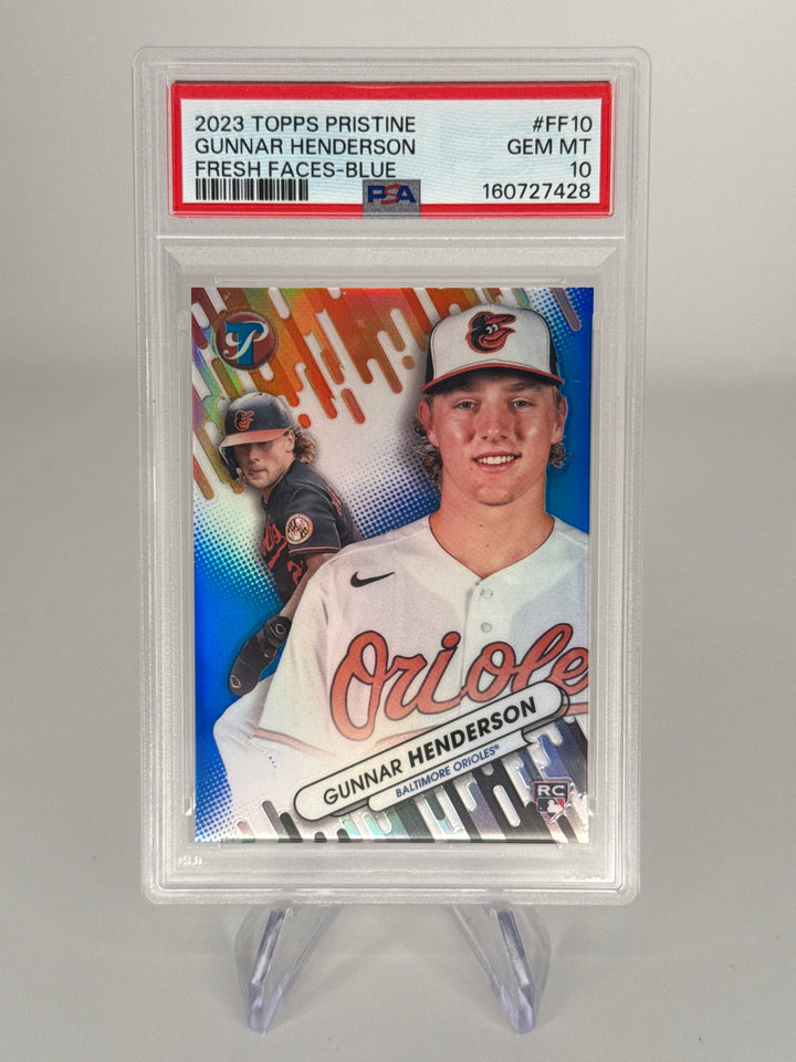 Gunnar Henderson 2023 Topps Pristine Fresh Faces Blue Rookie, 14/75, PSA 10 Gem Mint