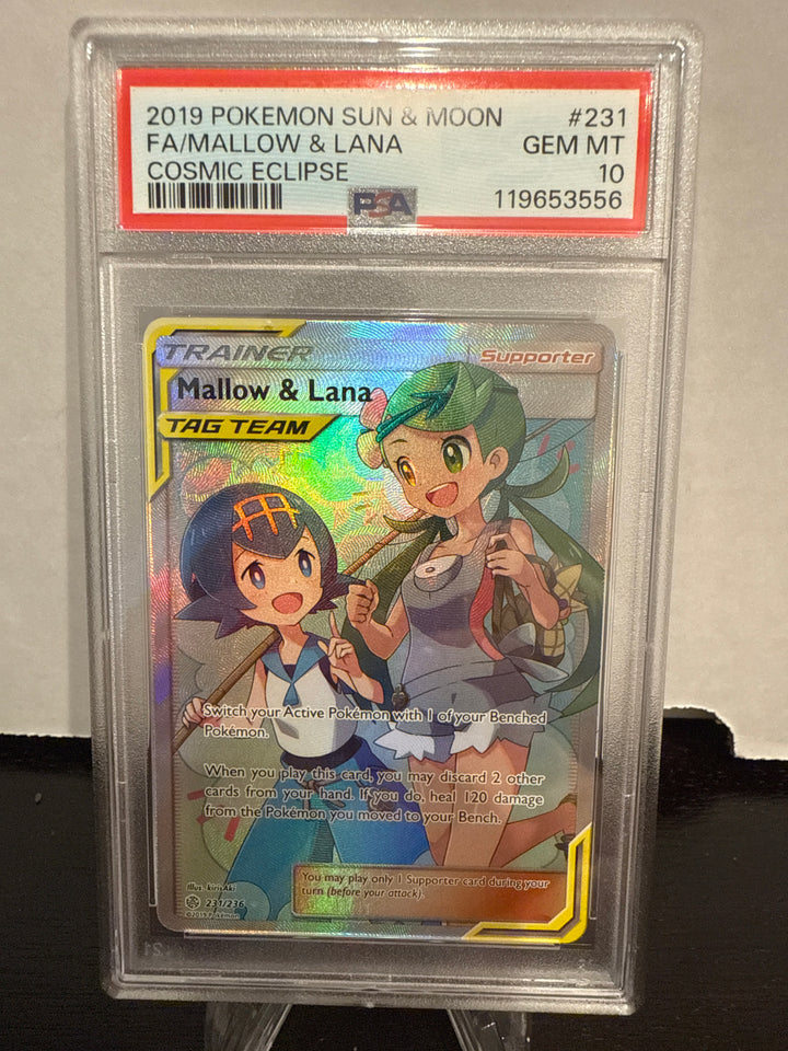 Pokemon TCG 2019 Mallow & Lana Tag Team Cosmic Eclipse Full Art, 231/236, PSA 10 Gem Mint