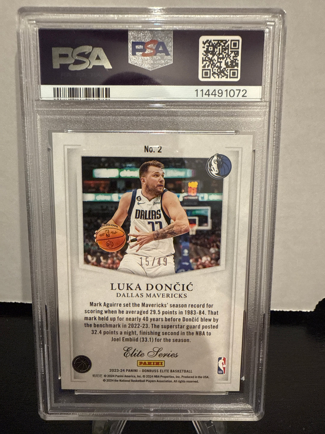 Luka Doncic 2023 Panini Donruss Elite Series Purple, 15/49, PSA 10 Gem Mint