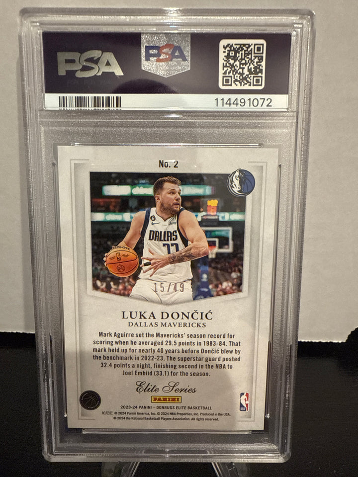 Luka Doncic 2023 Panini Donruss Elite Series Purple, 15/49, PSA 10 Gem Mint
