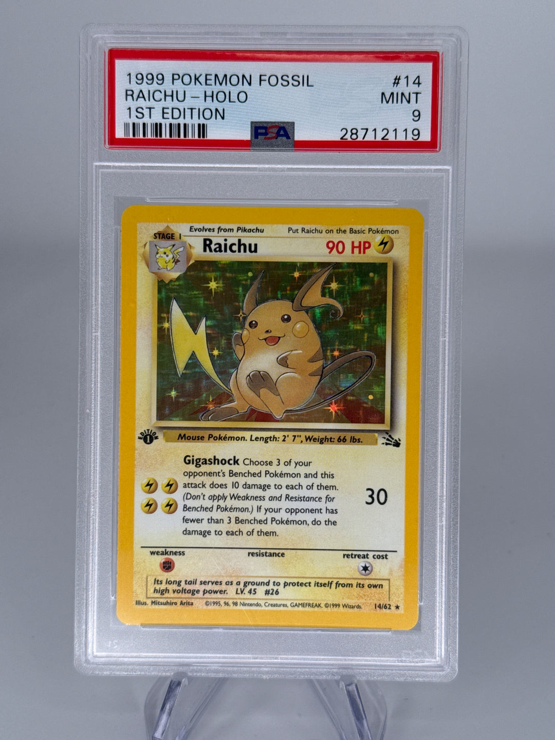 Pokemon TCG 1999 Raichu 1st Edition Fossil Holo, 14/62, PSA 9 Mint