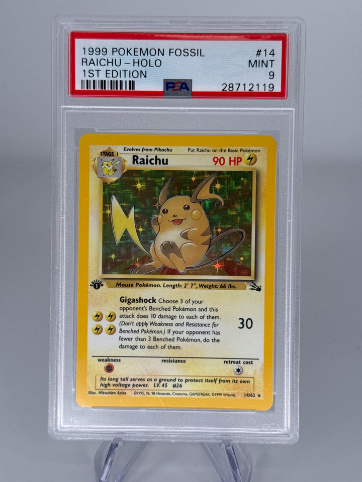 Pokemon TCG 1999 Raichu 1st Edition Fossil Holo, 14/62, PSA 9 Mint