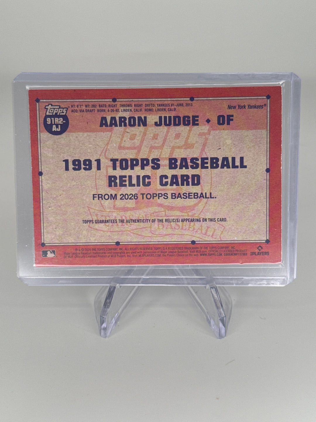 Aaron Judge 2026 Topps 1991 Game Used Relic, 013/150