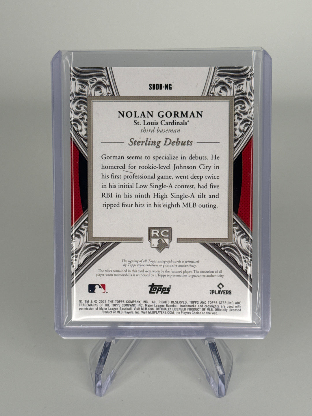 Nolan Gorman 2023 Topps Sterling Rookie Dual Patch Auto, 12/25