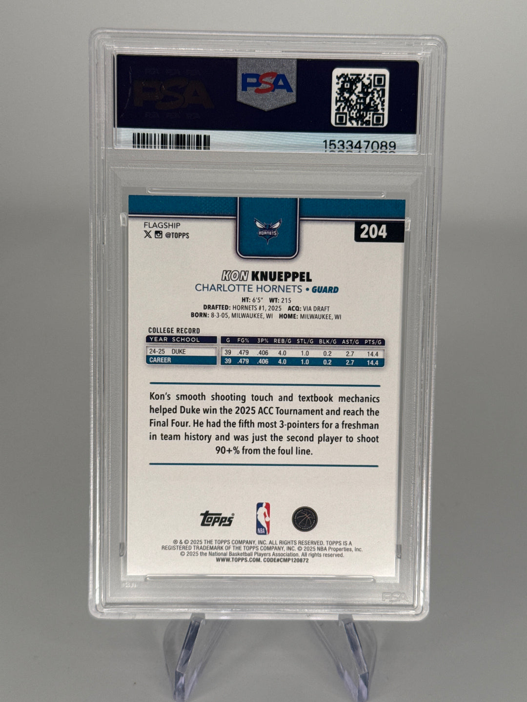 Kon Knueppel 2025 Topps Flagship Basketball Rookie, PSA 10 Gem Mint