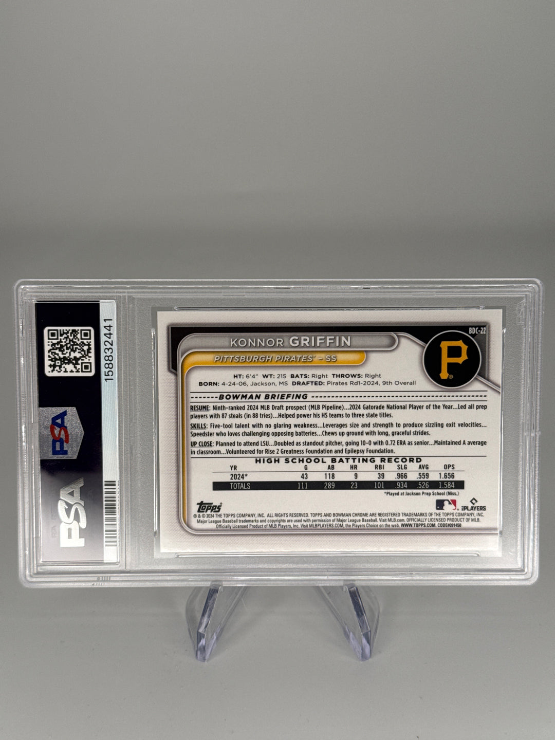 Konnor Griffin 2024 Bowman Chrome Draft 1st, PSA 10 Gem Mint