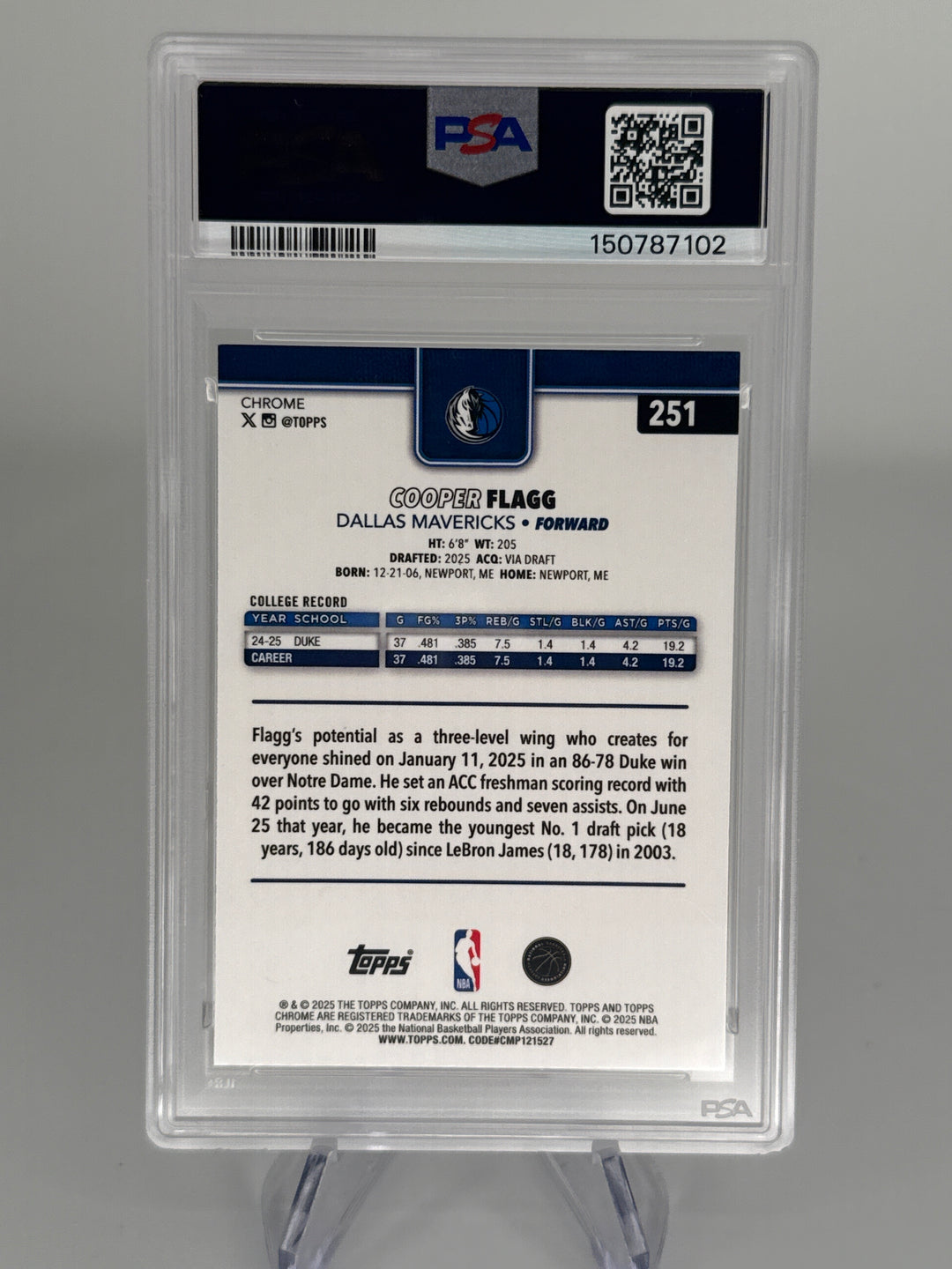 Cooper Flagg 2025 Topps Chrome Basketball Basketball Refractor Rookie, PSA 9 Mint