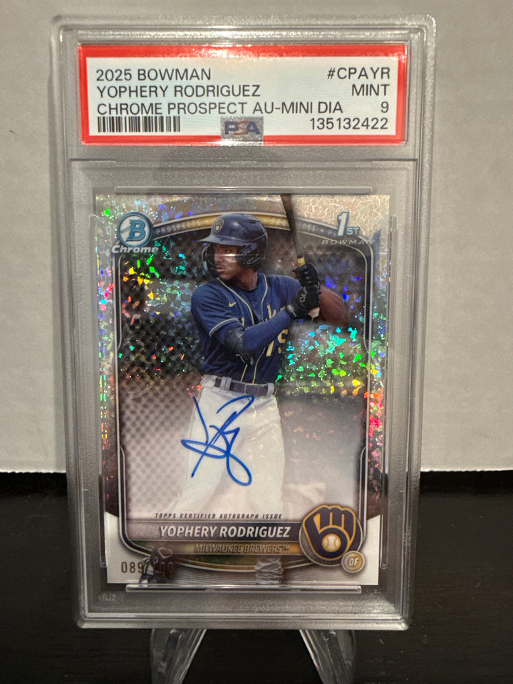 Yophery Rodriguez 2025 Bowman Chrome 1st Bowman Auto Mini Diamond, 089/100, PSA 9 Mint