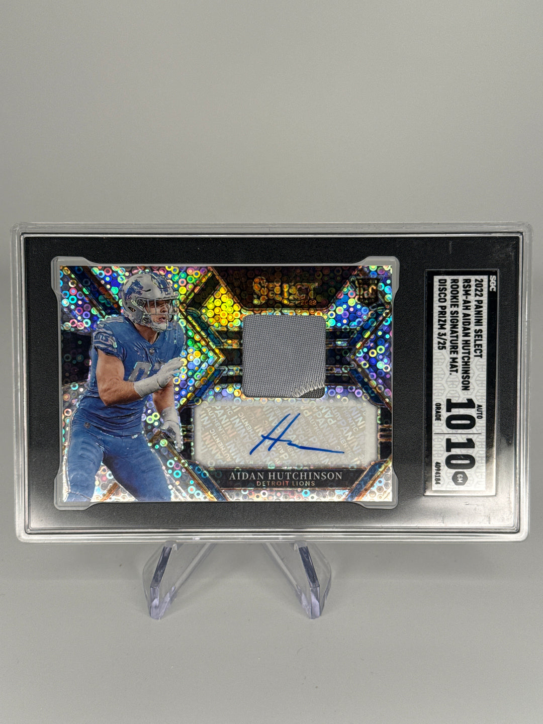 Aidan Hutchinson 2022 Panini Select Disco Prizm Rookie Patch Auto, 03/25, SGC 10 Gem Mint, SGC 10 Auto