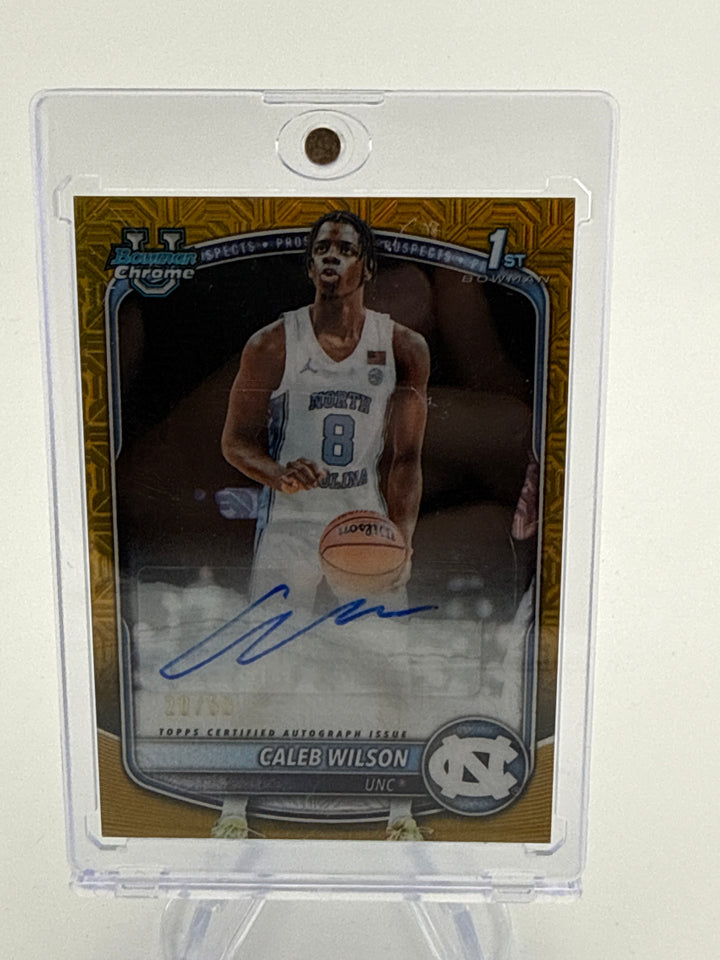 Caleb Wilson 2025 Bowman Chrome University Gold Mojo Refractor 1st Auto, 20/50