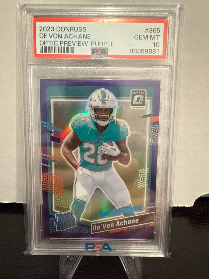De'Von Achane 2023 Panini Donruss Optic Preview Purple Rookie, 27/50, PSA 10 Gem Mint