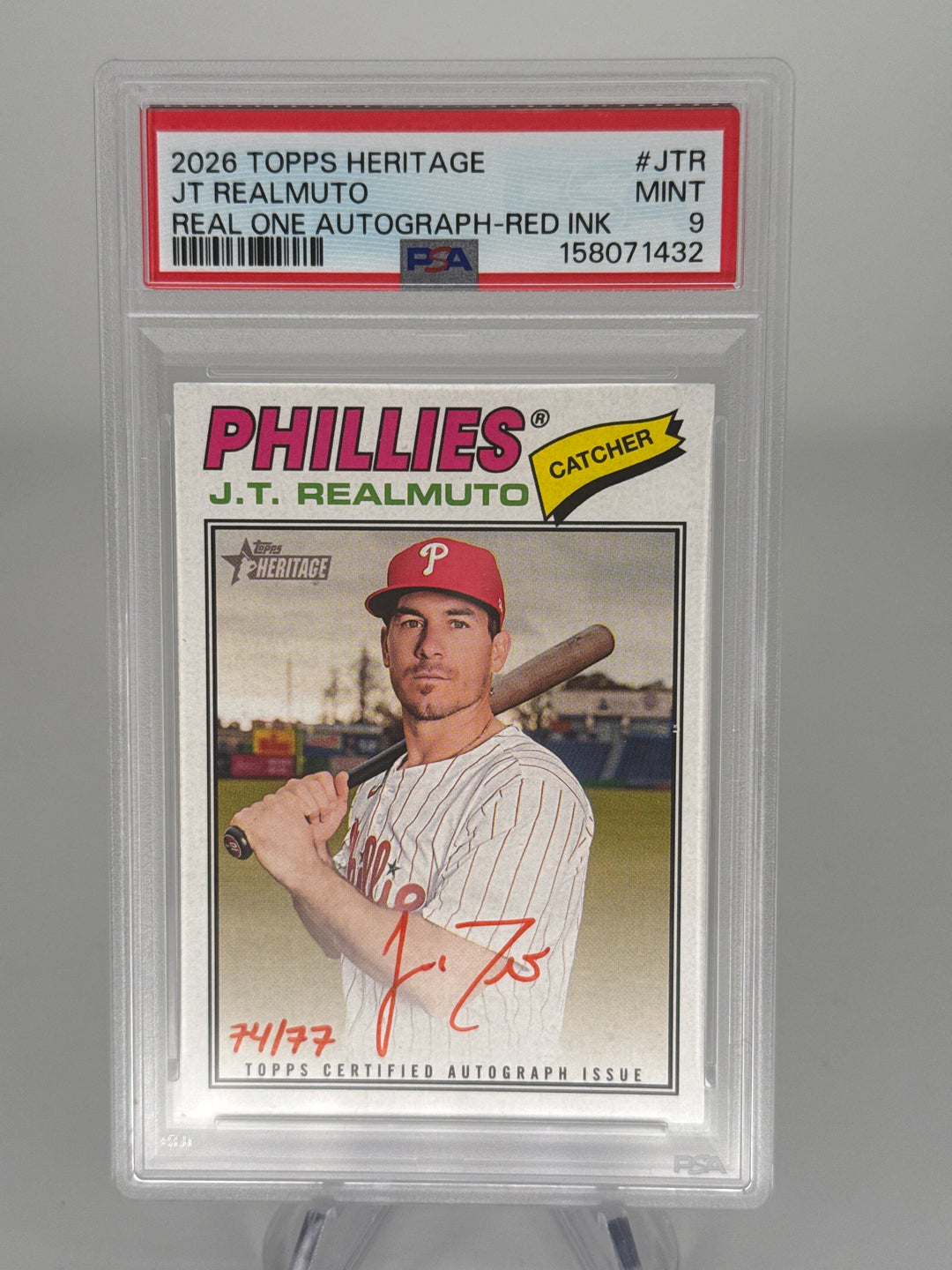 JT Realmuto 2026 Topps Heritage Real One Red Ink Auto, 74/77, PSA 9 Mint