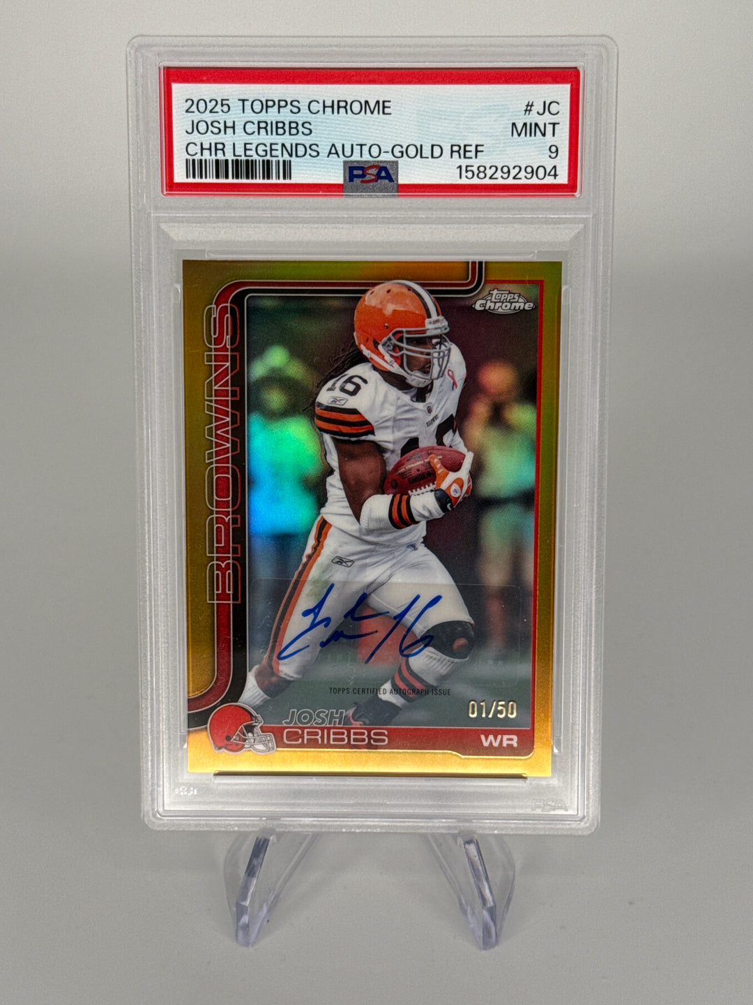 Joshua Cribbs 2025 Topps Chrome Gold Refractor Auto, 01/50, PSA 9 Mint