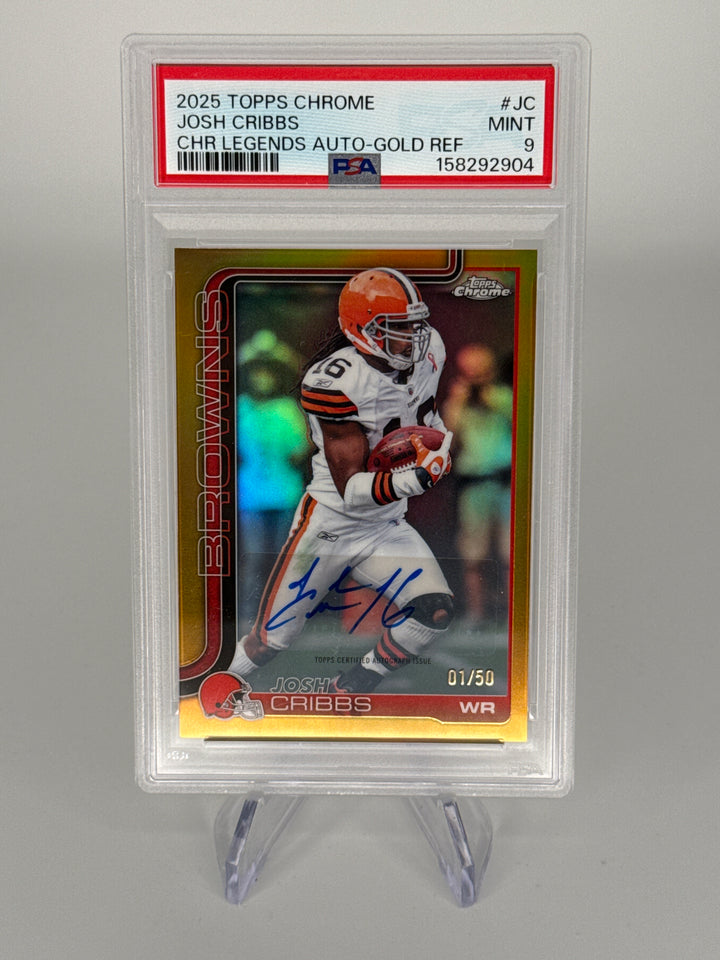Joshua Cribbs 2025 Topps Chrome Gold Refractor Auto, 01/50, PSA 9 Mint