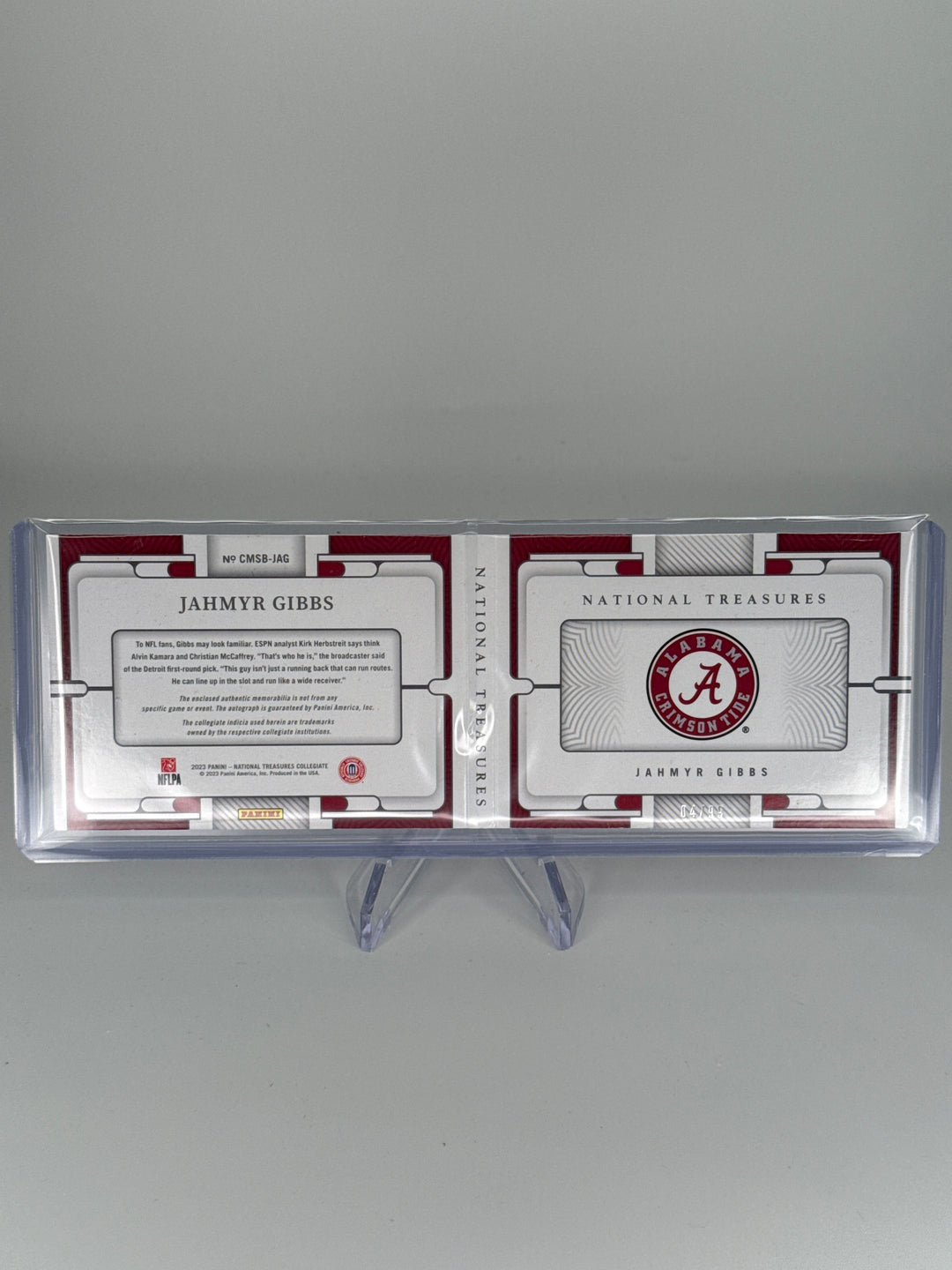 Jahmyr Gibbs 2023 Panini National Treasures Collegiate Rookie Patch Auto Booklet, 04/99