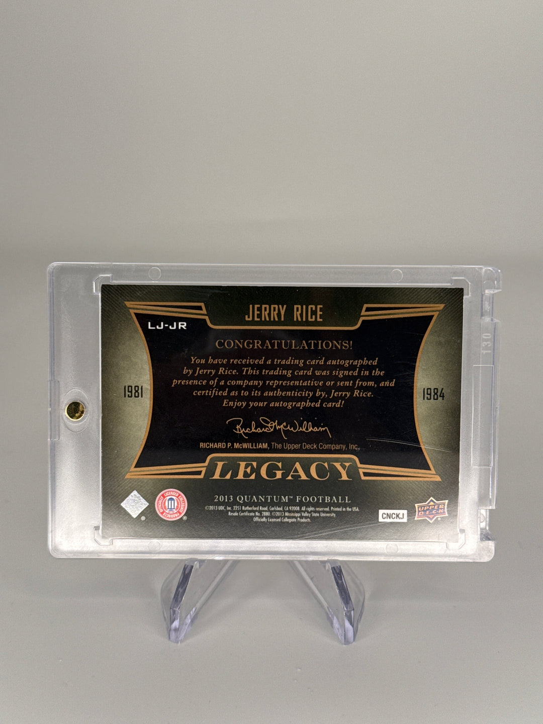 Jerry Rice 2013 Upper Deck Legacy Quantum Football Dual Patch Auto, 3/5