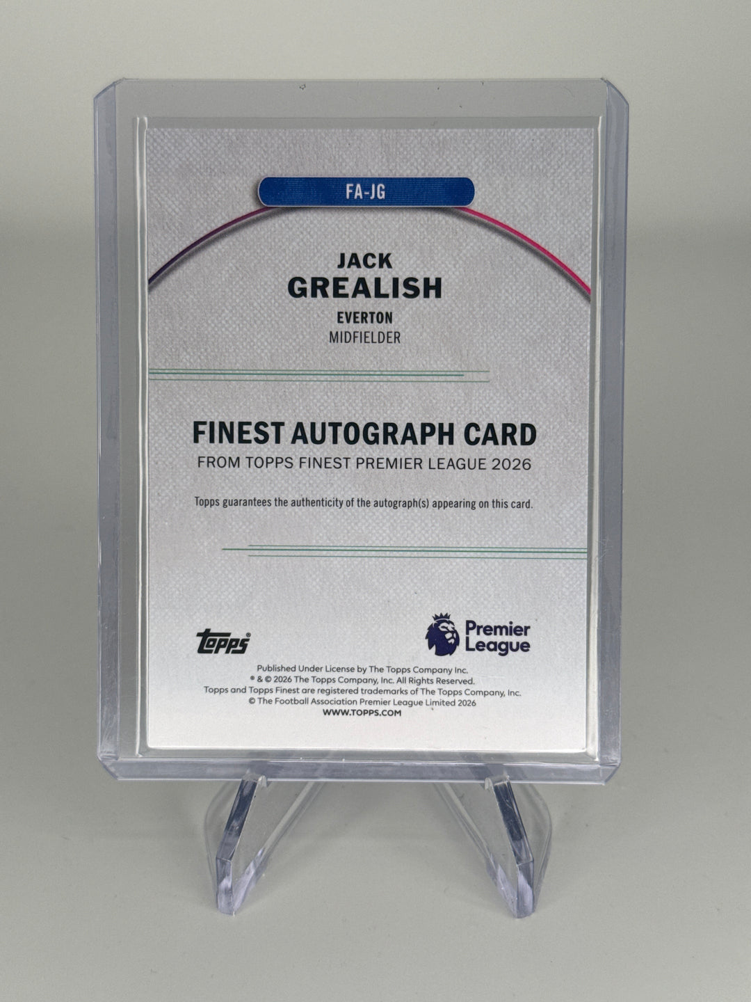 Jack Grealish 2026 Topps Finest EPL Gold Refractor Auto, 28/50