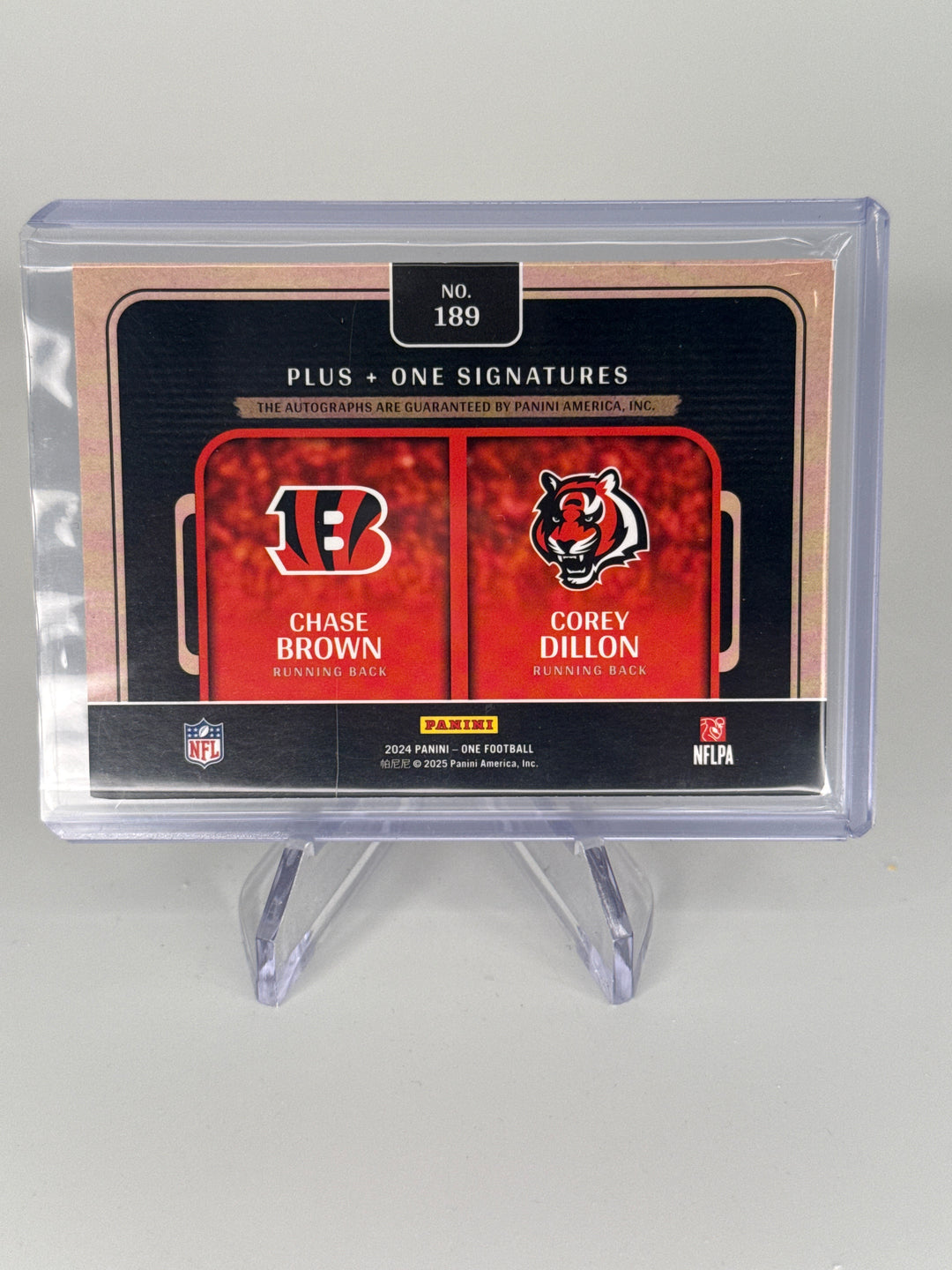 Chase Brown/Corey Dillon 2024 Panini One Plus One Dual Auto, 04/49