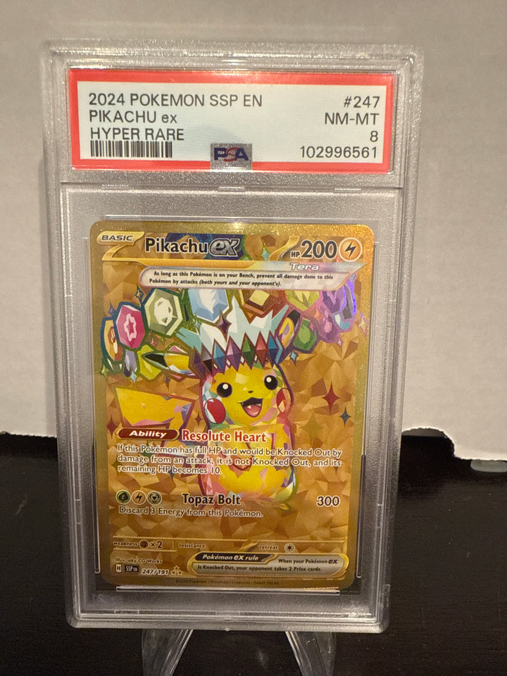 Pokémon TCG 2024 Pikachu EX Surging Sparks Gold Hyper Rare Full Art, 247/191, PSA 8