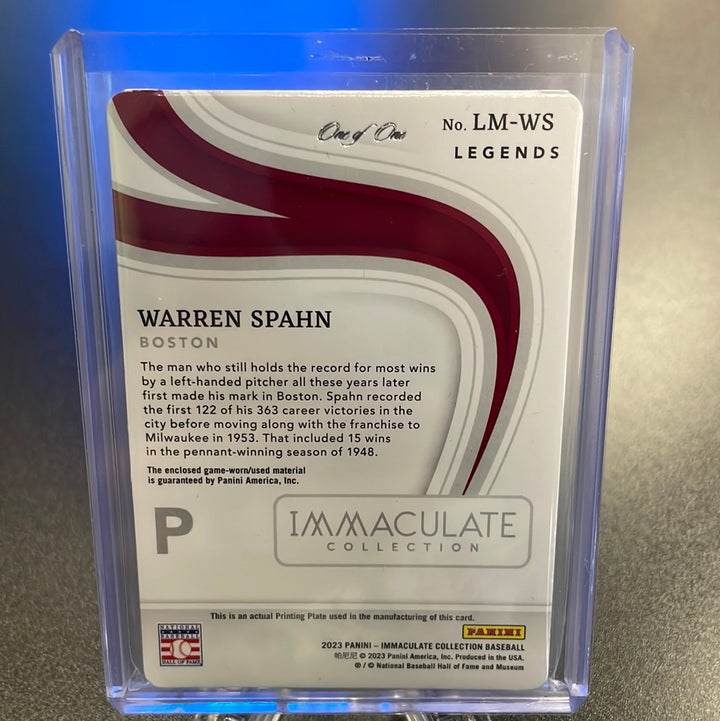 Warren Spahn 2023 Panini Immaculate 1/1 Printing Plate Relic