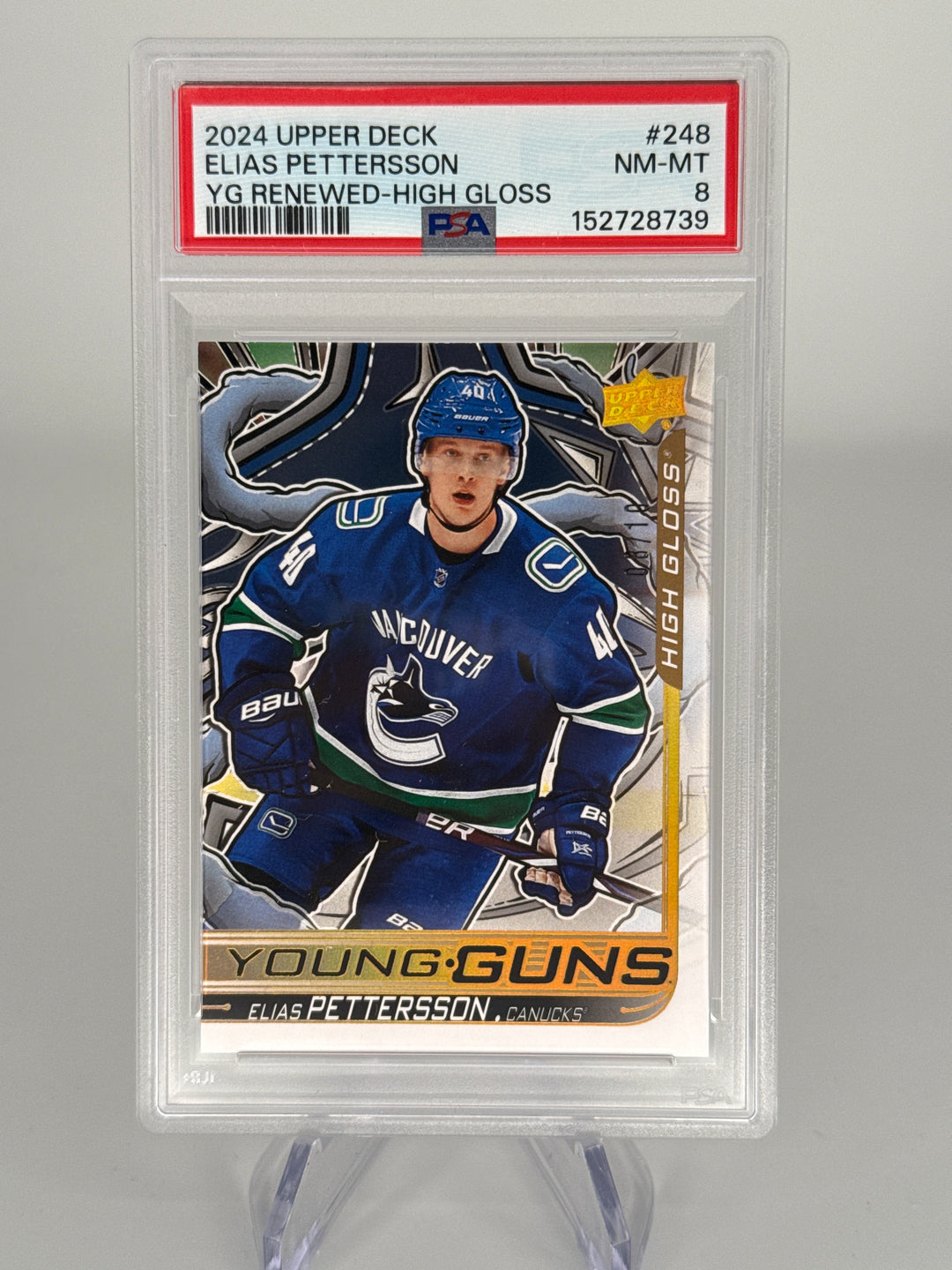 Elias Pettersson 2024 Upper Deck Young Gun Renewed High Gloss, 08/10, PSA 8