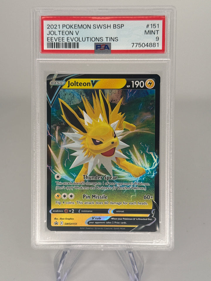 Pokemon TCG 2021 Jolteon V Eevee Evolutions Tins Holo Black Star Promo, SWSH151, PSA 9 Mint