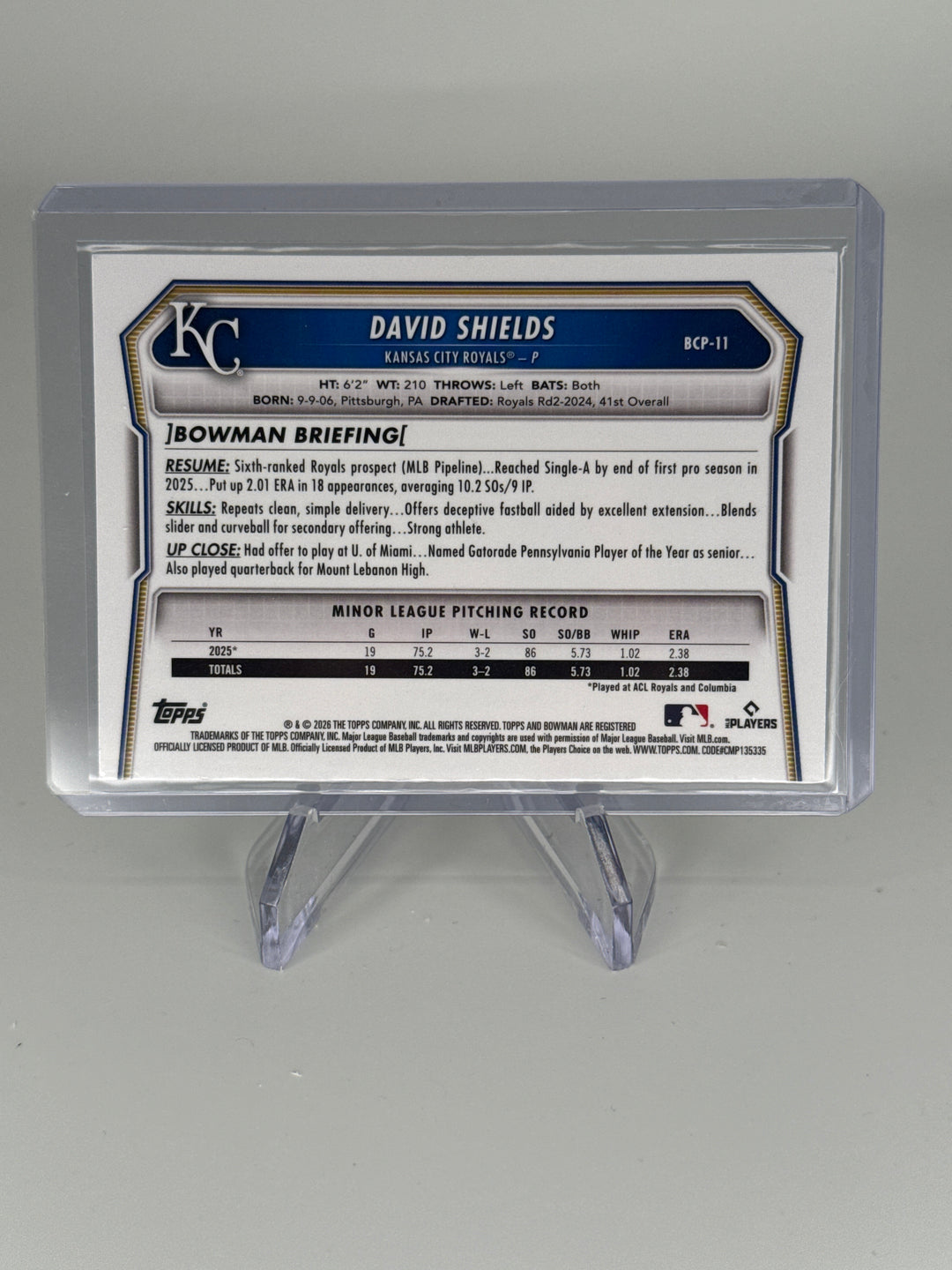 David Shields 2026 Bowman Chrome Packfractor 1st Bowman, 10/89