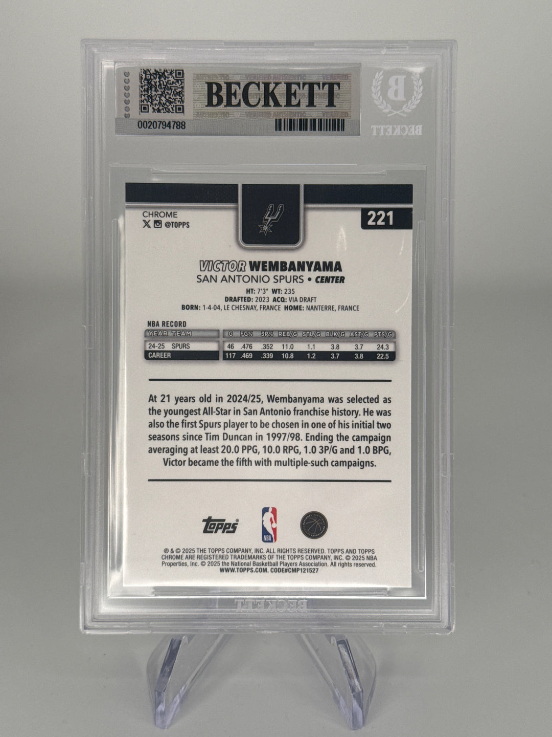 Victor Wembanyama 2025 Topps Chrome Aqua Basketball Refractor, 168/199, BGS 9 Mint