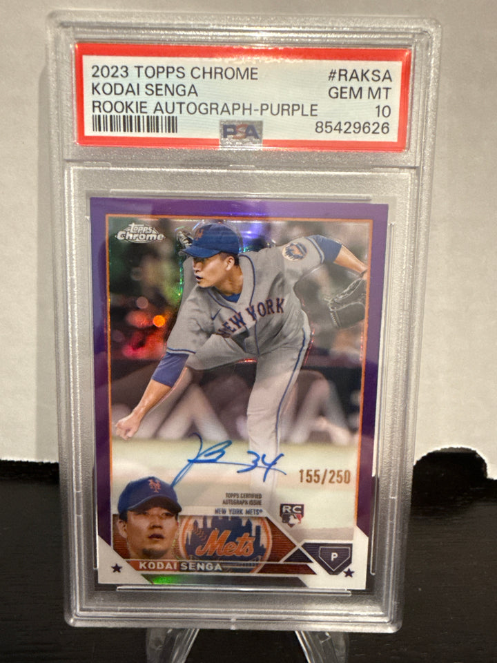 Kodai Senga 2023 Topps Chrome Rookie Autograph Purple, 155/250, PSA 10 Gem Mint