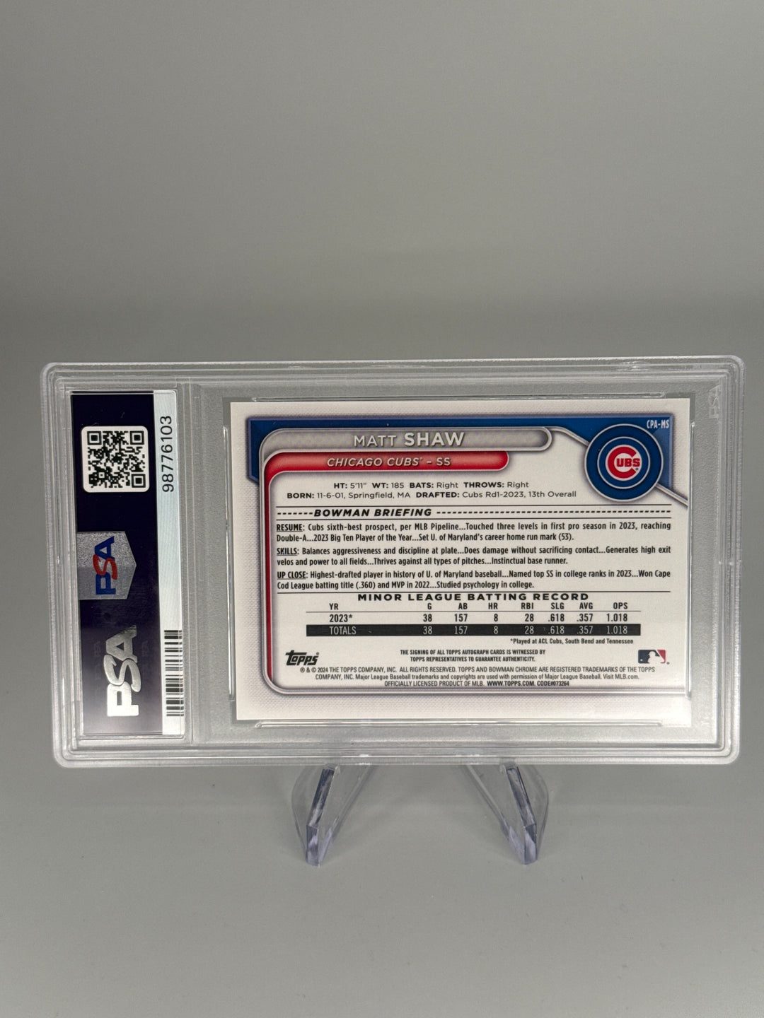 Matt Shaw 2024 Bowman Chrome HTA Choice Refractor Auto, 110/150, PSA 10 Gem Mint