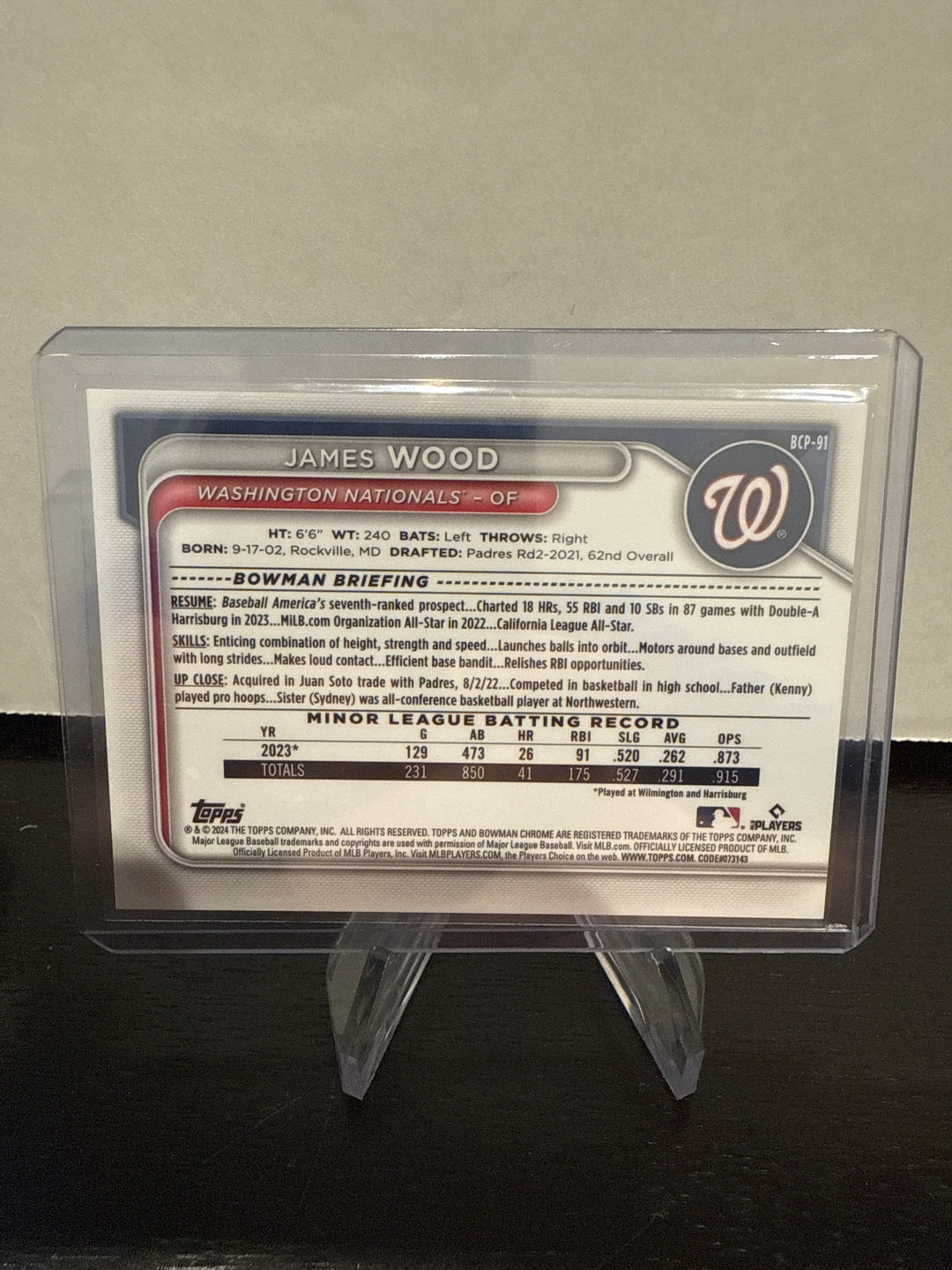 James Wood 2024 Bowman Chrome Prospects Yellow Shimmer Refractor, 11/50