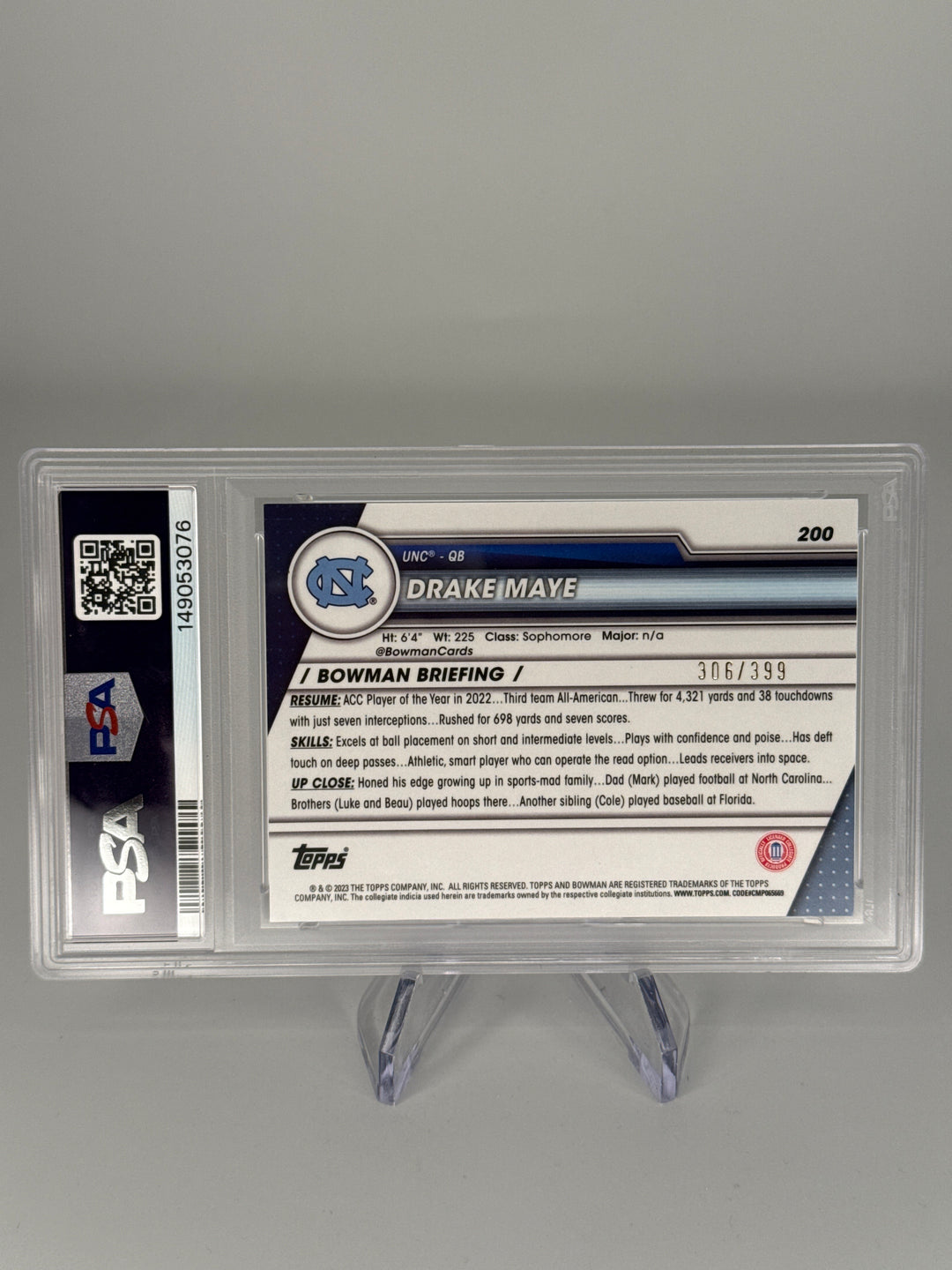 Drake Maye 2023 Bowman Chrome University 1st Purple Mini Diamond Refractor, 306/399, PSA 9 Mint