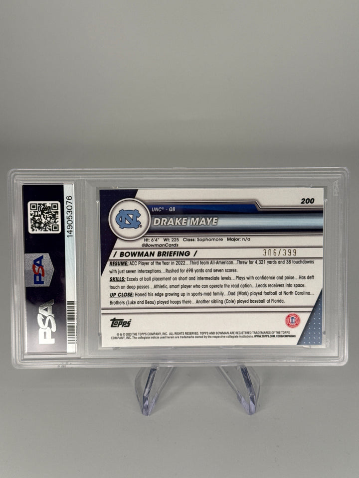 Drake Maye 2023 Bowman Chrome University 1st Purple Mini Diamond Refractor, 306/399, PSA 9 Mint