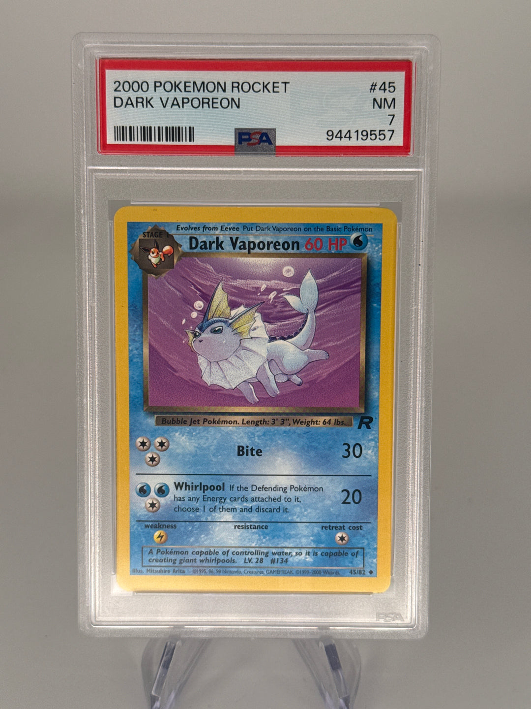 Pokemon TCG 2000 Dark Vaporeon Team Rocket, 45/82, PSA 7