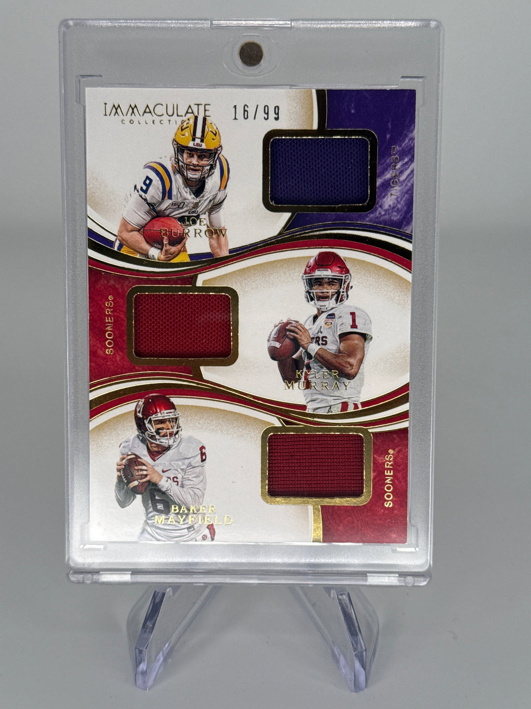 Joe Burrow/Kyler Murray/Baker Mayfield 2020 Panini Immaculate Collegiate Triple Relic, 16/99