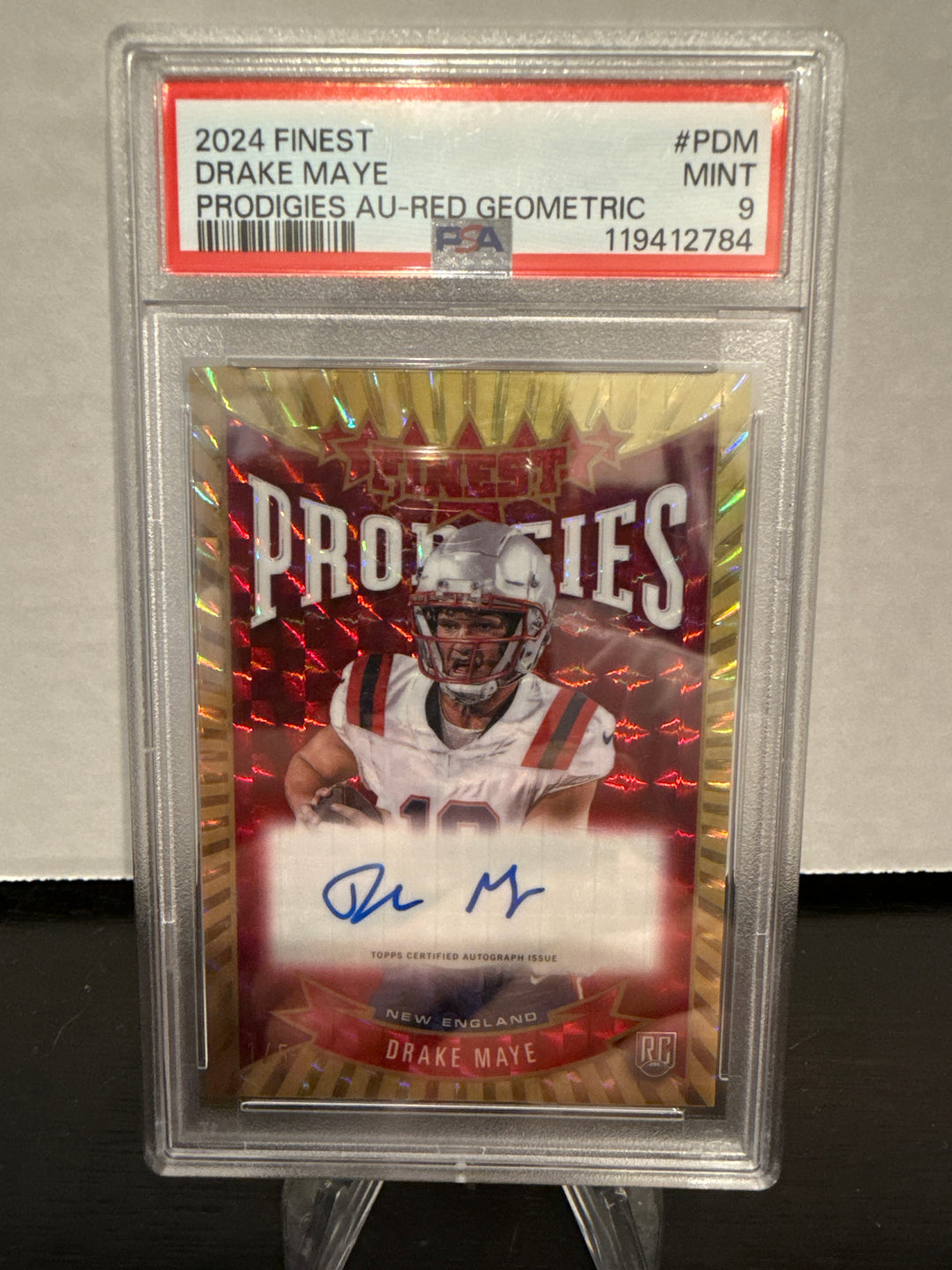 Drake Maye 2024 Topps Finest Prodigies Rookie Auto Red Geometric, 1/5, PSA 9 Mint