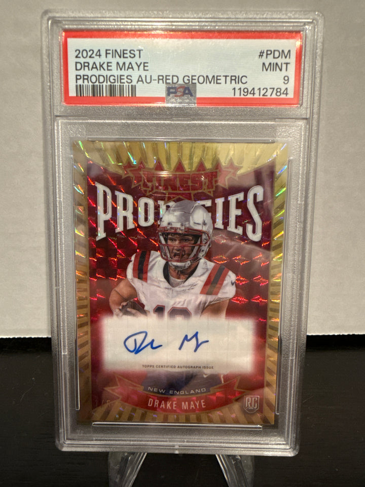 Drake Maye 2024 Topps Finest Prodigies Rookie Auto Red Geometric, 1/5, PSA 9 Mint