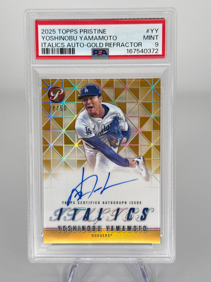 Yoshinobu Yamamoto 2025 Topps Pristine Italics Auto Gold Refractor, 28/50, PSA 9 Mint