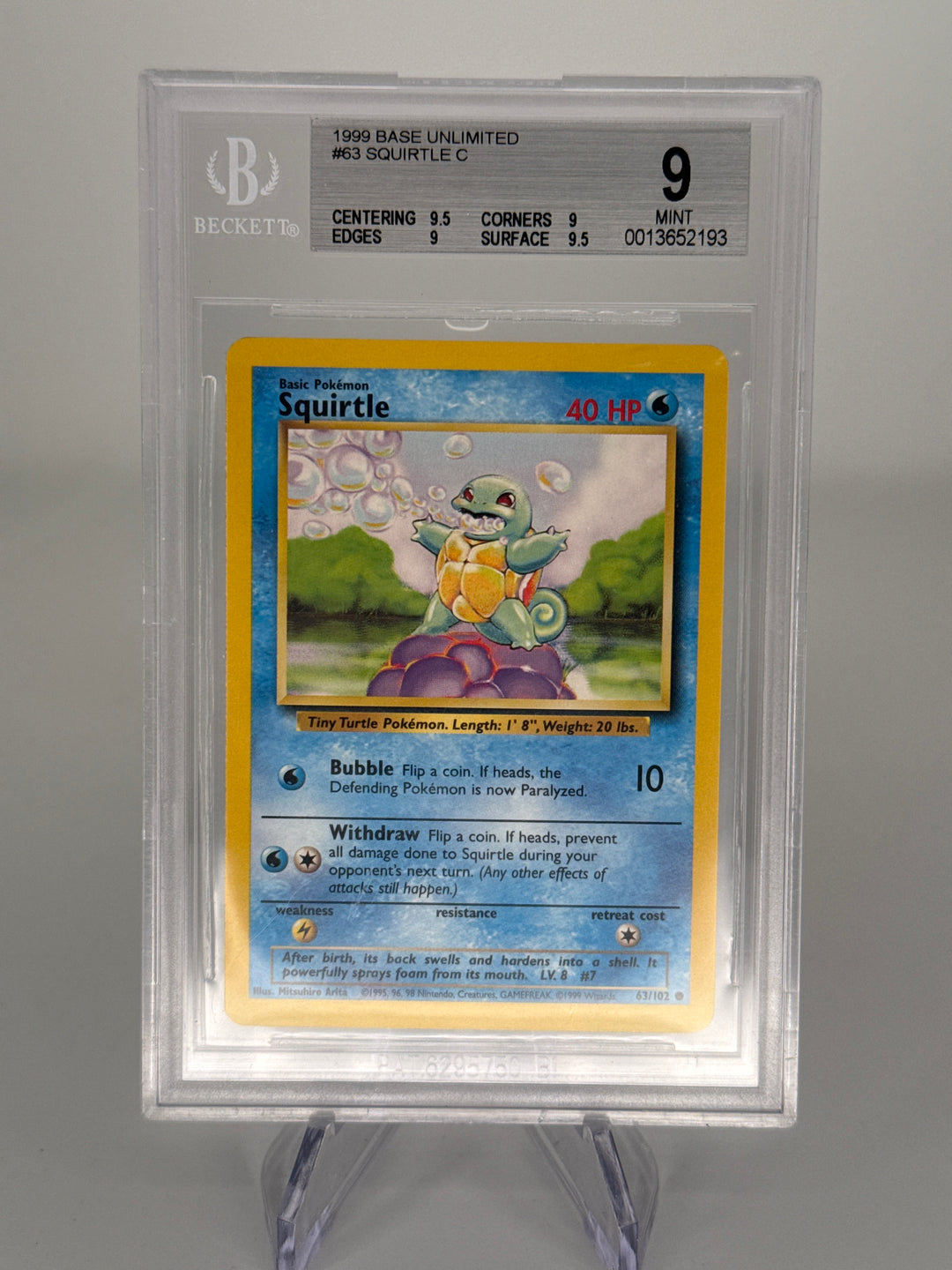Pokemon TCG 1999 Squirtle Base Set Unlimited, 63/102, BGS 9 Mint