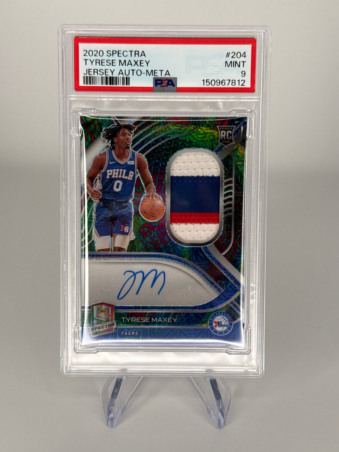 Tyrese Maxey 2020 Panini Spectra Meta Rookie Patch Auto, 20/25, PSA 9 Mint