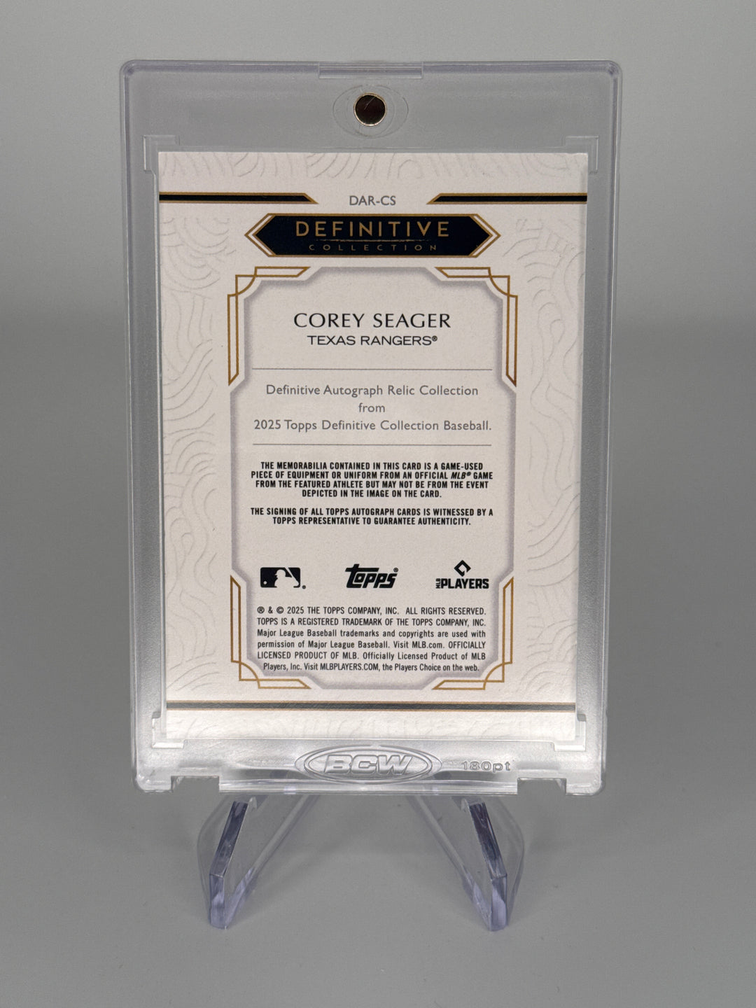 Corey Seager 2025 Topps Definitive Collection Auto Relic Red, 4/5