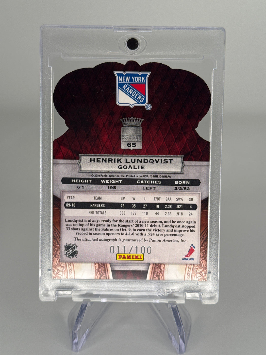 Henrik Lundqvist 2010 Panini Crown Royale Auto, 011/100
