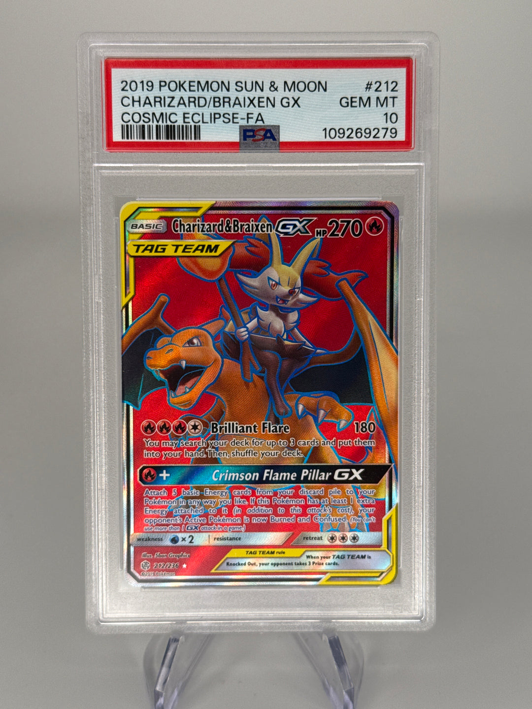 Pokemon TCG 2019 Charizard & Braixen GX Tag Team Cosmic Eclipse, 212/236, PSA 10 Gem Mint