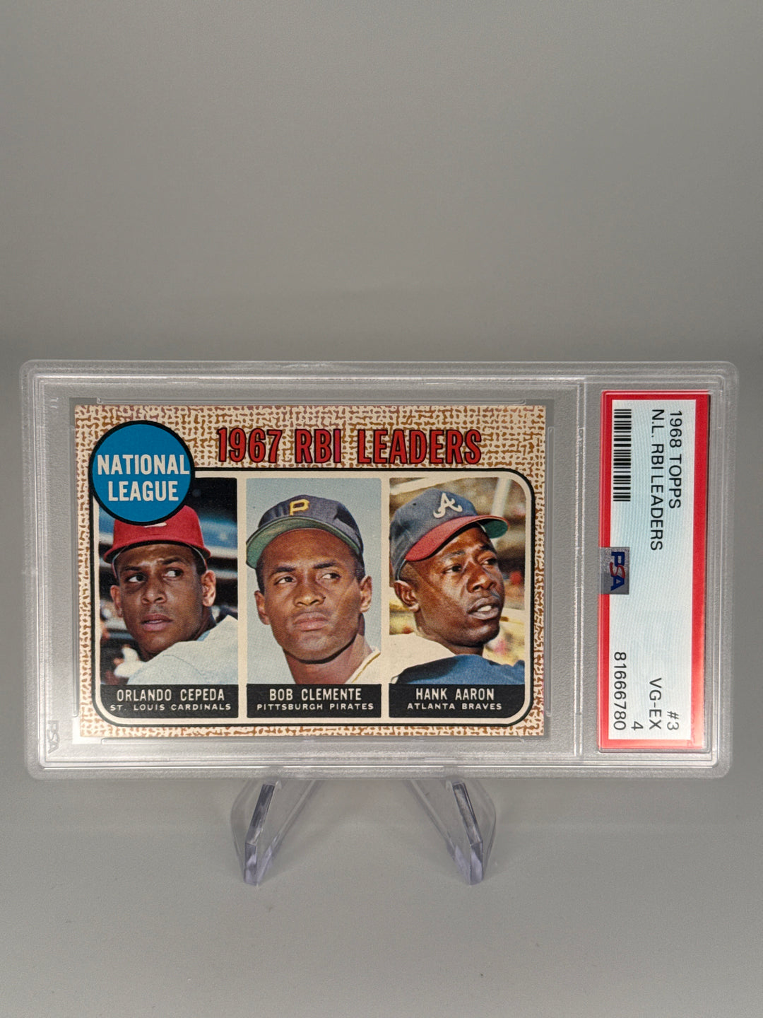 Orlando Cepeda/Bob Clemente/Hank Aaron 1968 Topps 1967 NL RBI Leaders, PSA 4