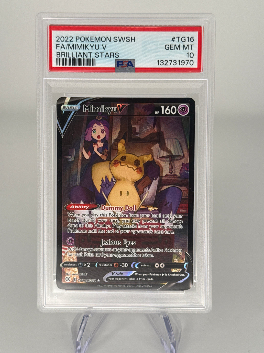 Pokemon TCG 2022 Mimikyu V Brilliant Stars Trainer Gallery Full Art Holo, TG16/TG30, PSA 10 Gem Mint