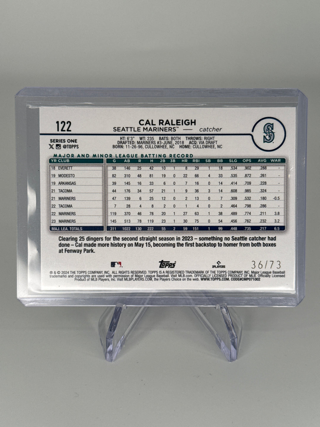Cal Raleigh 2024 Topps Series One Black, 36/73