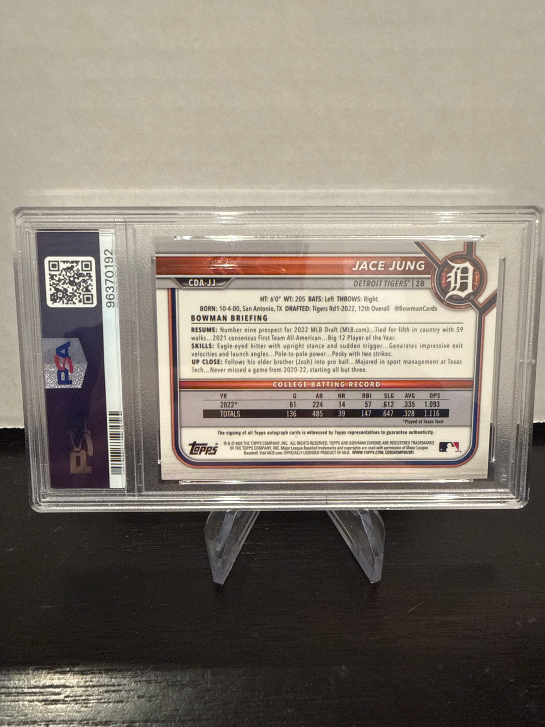 Jace Jung 2022 Bowman Chrome Draft Picks Sparkle Refractor 1st Auto, 56/71, PSA 10 Gem Mint