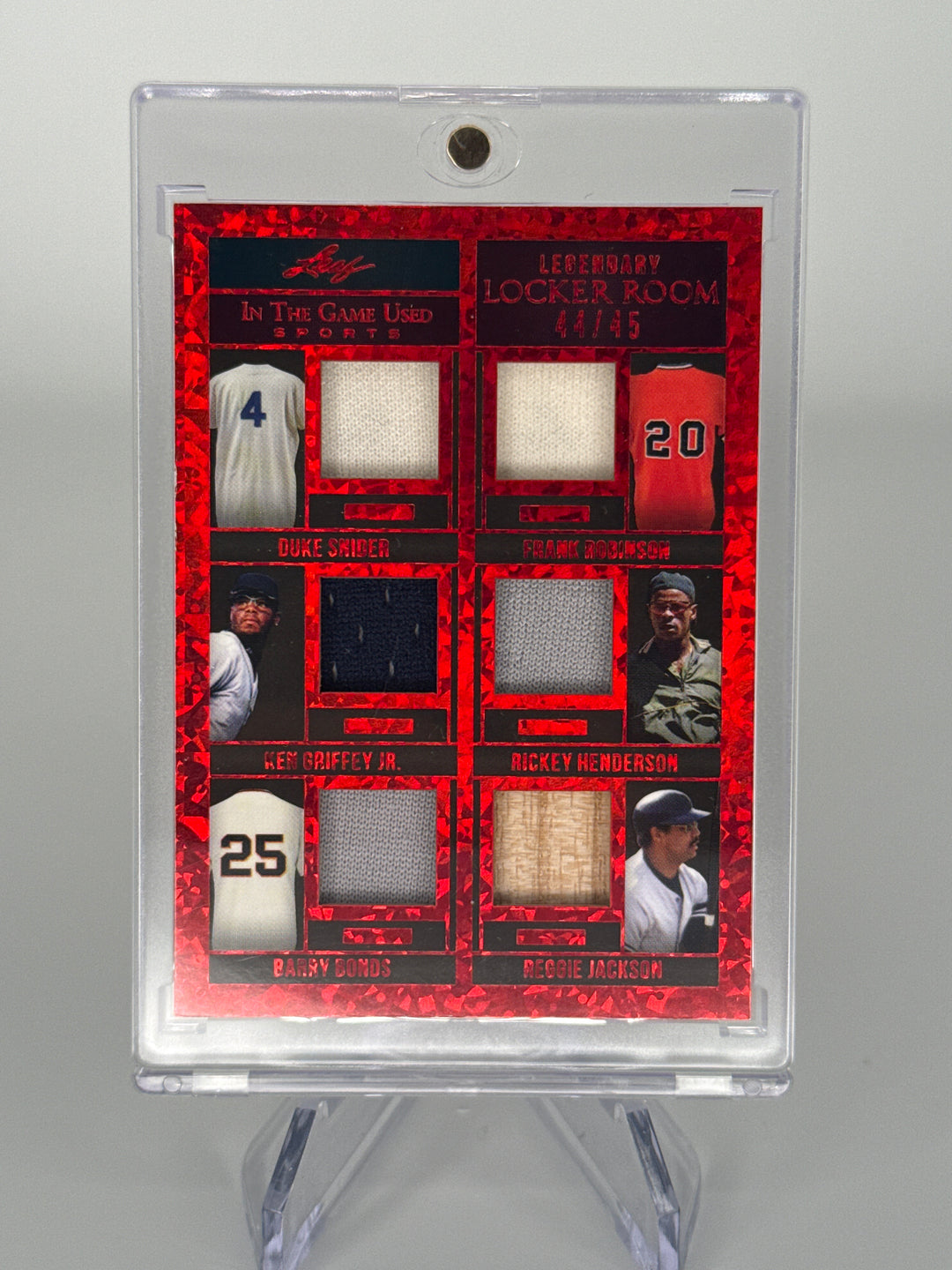 2022 Leaf In The Game Used Sports Legendary Locker Room, Duke Snider/Frank Robinson/Ken Griffey Jr/Rickey Henderson/Barry Bonds/Reggie Jackson Game Used Relics, 44/45
